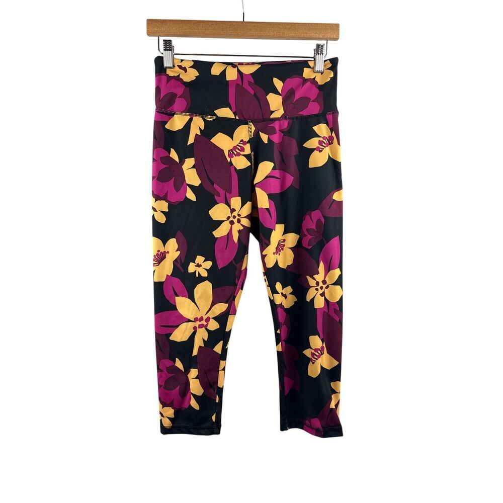Women’s Danskin Medium Black Leggings w/ Yellow & Purple Florals